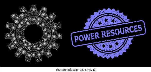 Helles Netz-Webcog mit Leuchtpunkten und Power Resources korrodierte Rosette-Stempel-Siegel. Illuminiertes Vektormodell, das aus dem Cog-Symbol erstellt wurde. Das blaue Stempelsiegel enthält den Titel "Power Resources" innerhalb von Rosette.