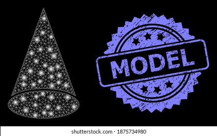 Bright mesh web cone figure with lightspots, and Model dirty rosette stamp seal. Illuminated vector constellation created from cone figure icon. Blue stamp seal has Model text inside rosette.