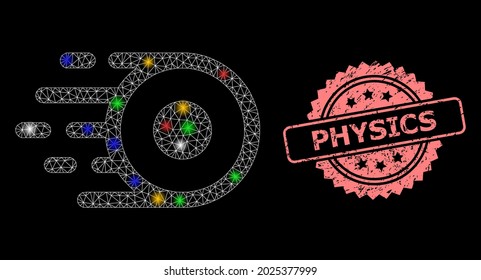 Bright mesh web core flight with bright dots, and Physics rubber rosette stamp. Illuminated vector mesh created from core flight icon. Pink seal contains Physics tag inside rosette.