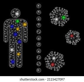 Bright mesh web covid antivirus wall icon with colored flash nodes. Illuminated vector mesh created from covid antivirus wall icon. Sparkle carcass mesh polygonal covid antivirus wall.