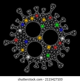 Bright mesh web Covid virus icon with colored bright dots. Illuminated vector structure created from Covid virus icon. Sparkle carcass mesh polygonal Covid virus.