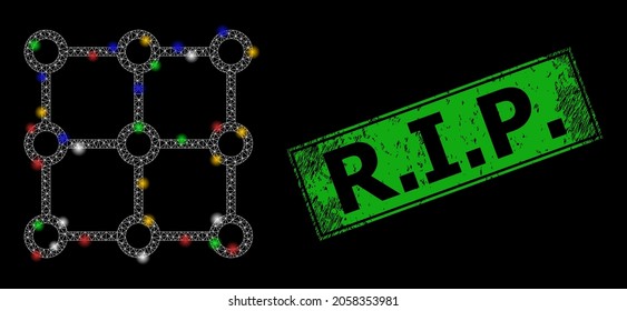 Centros de red de malla brillante con manchas de luz multicolores y R.I.P. de grunge. sello de sellado. El sello verde tiene R.I.P. leyenda dentro del rectángulo enmarcado.
