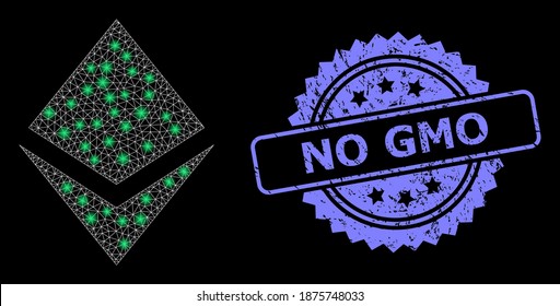 Bright mesh web crystal with light spots, and No GMO dirty rosette stamp seal. Illuminated vector model created from crystal icon. Blue stamp seal contains No GMO text inside rosette.