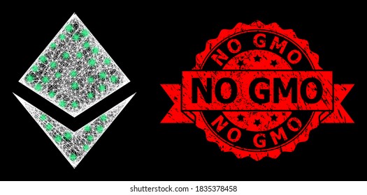 Helles Netz-Web-Kristall mit Lichtflecken und kein GVO korrodiertes Band-Robbenimitation. Rote Robbe hat kein GVO-Etikett in der Schleife. Illuminiertes Vektormodell, das aus Kristallsymbol mit weißem Mesh erstellt wurde.