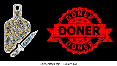 Tablero de corte de red de malla brillante y cuchillo con manchas brillantes, y sello de cinta raspada Doner. El sello rojo incluye el título del donador dentro de la cinta.