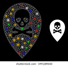 Bright mesh web dead place marker with multicolored bright dots. Constellation vector mesh created from dead place marker icon. Sparkle constellation mesh dead place marker, on a black backgound.