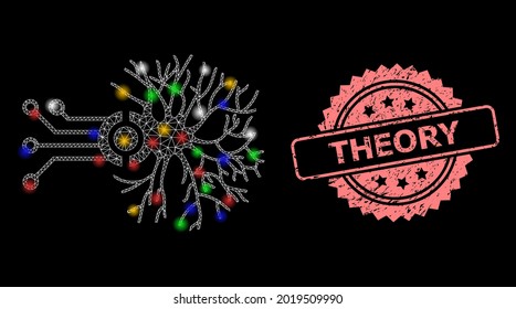 Bright mesh web digital neural connection with bright dots, and Theory grunge rosette seal imitation. Illuminated vector mesh created from digital neural connection symbol.