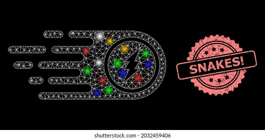 Bright mesh web electrical rush with flash nodes, and Snakes Attention textured rosette stamp seal. Illuminated vector structure created from electrical rush symbol.
