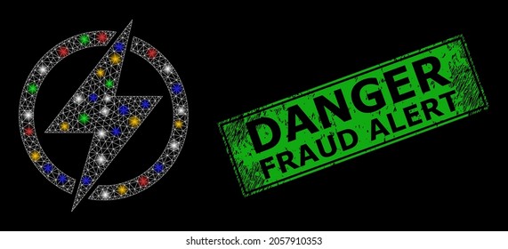 Generación de electricidad en la web de malla brillante con puntos brillantes multicolor y estampado de alerta de fraude de peligro de grifo. El sello verde contiene texto de alerta de fraude de peligro dentro de un rectángulo enmarcado.