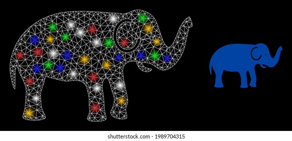 elefante de malla brillante con vibrantes puntos brillantes. Carcasa vectorial iluminada creada a partir del símbolo elefante. Esparcen elefante de malla de canal, sobre un fondo negro.