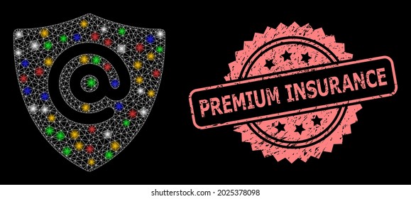 Bright mesh web email address shield with glowing spots, and Premium Insurance unclean rosette seal print. Illuminated vector mesh created from email address shield icon.