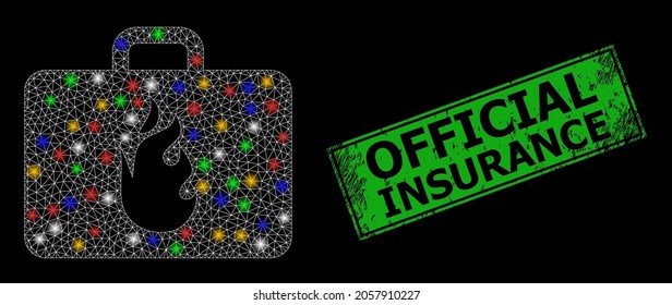 Bright mesh web emergency case with multicolored light spots, and grunge Official Insurance seal stamp. Green stamp seal includes Official Insurance title inside framed rectangle.