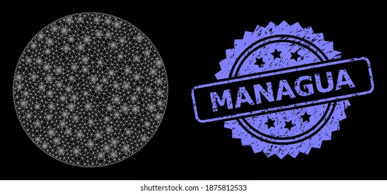 Bright mesh web filled circle with light spots, and Managua grunge rosette stamp seal. Illuminated vector constellation created from filled circle icon.