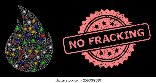 Bright Mesh Web Fire With Glowing Spots, And No Fracking Corroded Rosette Stamp. Illuminated Vector Mesh Created From Fire Symbol. Pink Stamp Seal Contains No Fracking Text Inside Rosette.