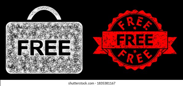 Bright mesh web free case with lightspots, and Free textured ribbon stamp seal. Red seal includes Free tag inside ribbon. Illuminated vector model created from free case icon with white mesh.