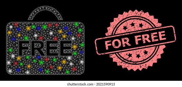 Bright mesh web free case with bright dots, and For Free corroded rosette seal. Illuminated vector mesh created from free case symbol. Pink stamp seal has For Free title inside rosette.