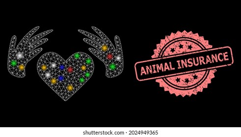 Bright mesh web handmade love with bright dots, and Animal Insurance rubber rosette stamp seal. Illuminated vector mesh created from handmade love icon.