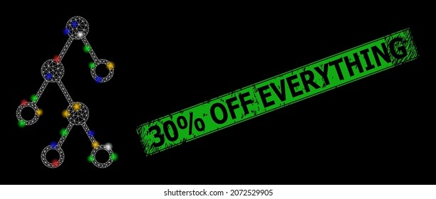 Bright mesh web hierarchy nodes with multicolored bright dots, and grunge 30 discount Off Everything seal. Green stamp seal has 30 discount Off Everything text inside framed rectangle.