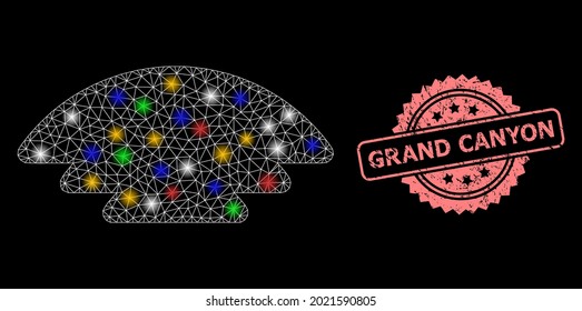 Bright mesh web ice hill with bright dots, and Grand Canyon rubber rosette seal imitation. Illuminated vector model created from ice hill icon.