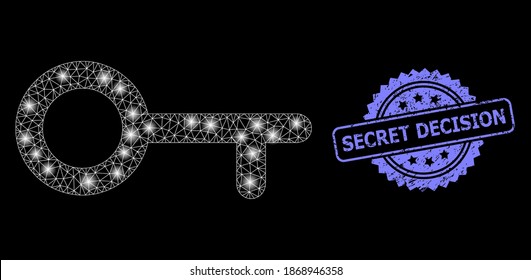 Bright mesh web key with lightspots, and Secret Decision unclean rosette stamp. Illuminated vector constellation created from key icon. Blue stamp seal includes Secret Decision caption inside rosette.
