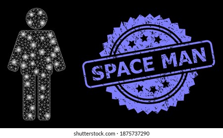 Bright mesh web man with glowing spots, and Space Man corroded rosette stamp seal. Illuminated vector model created from man icon. Blue stamp seal includes Space Man text inside rosette.