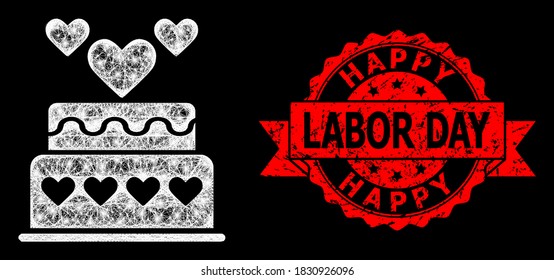 Bright mesh web marriage cake with glowing spots, and Happy Labor Day corroded ribbon stamp seal. Red stamp seal has Happy Labor Day text inside ribbon.