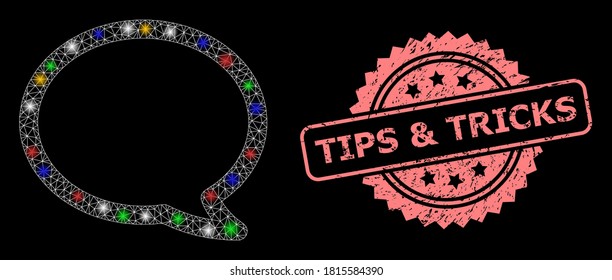 Bright mesh web message cloud with flash nodes, and Tips & Tricks dirty rosette stamp. Illuminated vector mesh created from message cloud symbol.