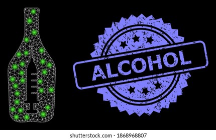Bright mesh web narcotic alcohol with lightspots, and Alcohol unclean rosette seal print. Illuminated vector model created from narcotic alcohol icon.