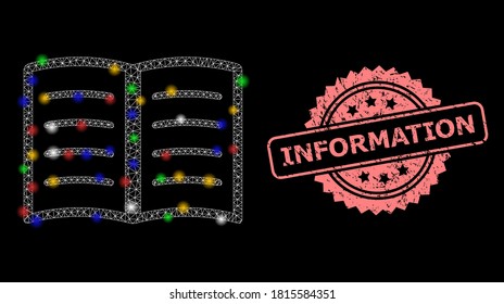 Bright mesh web open book with bright dots, and Information scratched rosette seal. Illuminated vector structure created from open book symbol. Pink seal contains Information text inside rosette.