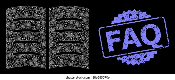 Bright mesh web open book with glowing spots, and FAQ corroded rosette stamp. Illuminated vector constellation created from open book icon. Blue stamp seal contains FAQ caption inside rosette.