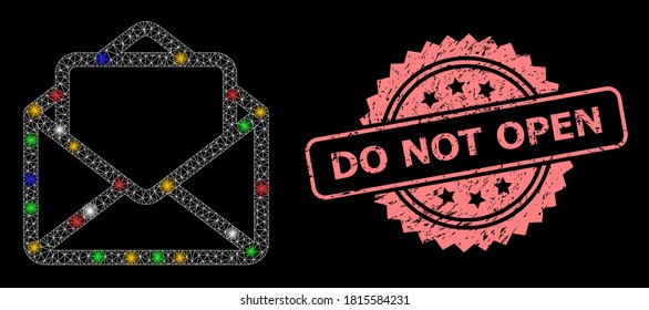 Bright mesh web open letter with light dots, and Do Not Open grunge rosette seal imitation. Illuminated vector constellation created from open letter symbol.