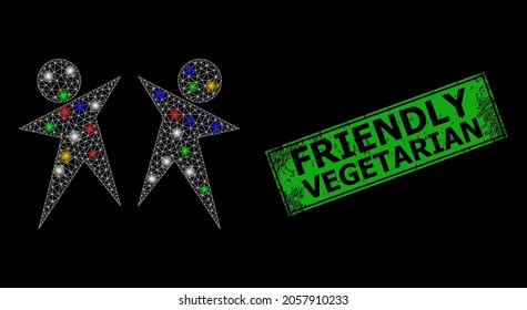 Parejas web de malla brillante con puntos brillantes multicolores y foca vegetariana grunge amistosa. El sello verde contiene una leyenda vegetariana amistosa dentro de un rectángulo enmarcado.