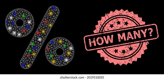 Bright mesh web percent with lightspots, and How Many Question grunge rosette stamp. Illuminated vector mesh created from percent symbol. Pink stamp seal has How Many Question title inside rosette.