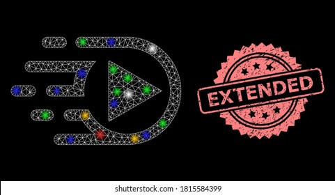 Bright mesh web play function with glowing spots, and Extended grunge rosette stamp seal. Illuminated vector mesh created from play function icon. Pink stamp seal has Extended caption inside rosette.