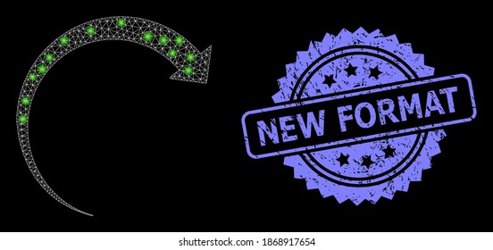 Bright mesh web rotate forward with light spots, and New Format unclean rosette stamp seal. Illuminated vector model created from rotate forward icon. Blue stamp has New Format caption inside rosette.
