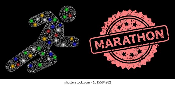 Bright mesh web running man with bright dots, and Marathon corroded rosette seal. Illuminated vector mesh created from running man icon. Pink stamp seal includes Marathon title inside rosette.