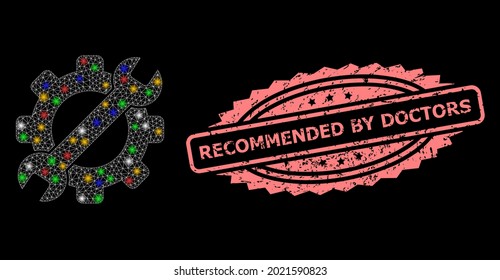 Bright mesh web service tool with bright dots, and Recommended by Doctors rubber rosette seal imitation. Illuminated vector mesh created from service tool symbol.