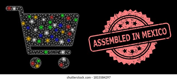 Bright mesh web shopping cart with bright dots, and Assembled in Mexico unclean rosette seal imitation. Illuminated vector structure created from shopping cart symbol.