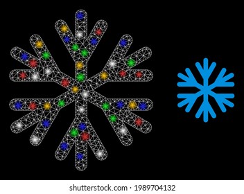 Bright mesh web snow flake with colorful bright dots. Illuminated vector carcass created from snow flake pictogram. Sparkle carcass mesh snow flake, on a black backgound.