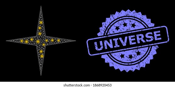 Estrella del espacio web de malla brillante con manchas brillantes y imitación del sello de rosette impuro del Universo. Modelo vectorial iluminado creado a partir del icono de estrella espacial. El sello azul incluye la etiqueta Universe dentro de la rosette.
