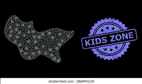 Bright mesh web spot with lightspots, and Kids Zone grunge rosette seal. Illuminated vector model created from spot icon. Blue stamp seal contains Kids Zone tag inside rosette.