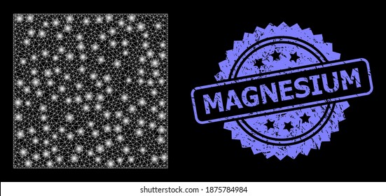 Bright mesh web square shape with lightspots, and Magnesium textured rosette stamp. Illuminated vector constellation created from square shape icon.