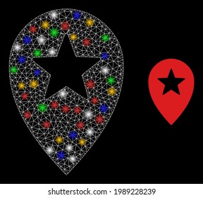 Bright mesh web star place marker with multi colored bright dots. Illuminated vector mesh created from star place marker symbol. Sparkle carcass wired star place marker, on a black backgound.