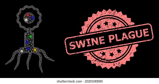 Bright mesh web virus cell with bright dots, and Swine Plague textured rosette seal imitation. Illuminated vector mesh created from virus cell symbol.