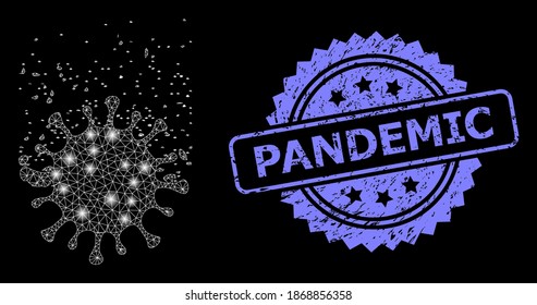 Disipación del virus de la red de malla brillante con manchas brillantes, e imitación del sello de rosette rayado en pandemia. Modelo vectorial iluminado creado a partir del icono de disipación de virus.