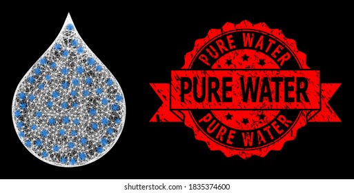 Bright mesh web water drop with light spots, and Pure Water rubber ribbon stamp. Red stamp contains Pure Water caption inside ribbon.