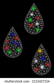 El agua de la red de malla brillante tira un icono con puntos brillantes de color. Malla vectorial iluminada creada a partir del pictograma de gotas de agua. Malla de marco de espuma gotas poligonales de agua.