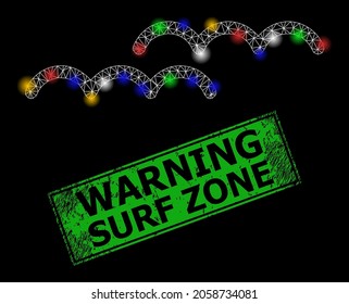 Bright mesh web water surface with colored light dots, and grunge Warning Surf Zone seal. Green seal contains Warning Surf Zone caption inside framed rectangle.