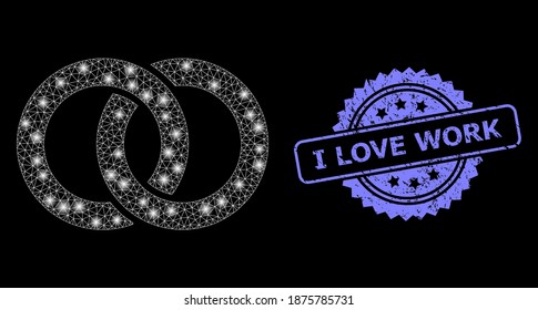 Helle Netz-Hochzeitsringe mit leuchtenden Flecken, und ich liebe Arbeit schmutzige Rosette-Robbenimitierung. Illuminiertes Vektormodell, erstellt aus Hochzeitsringen Symbol.