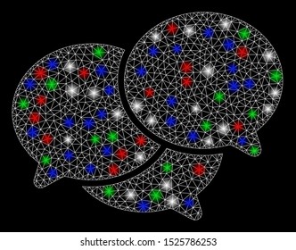 Bright mesh webinar with lightspot effect. White wire carcass triangular mesh in vector format on a black background. Abstract 2d mesh designed with triangular lines, dots, colored glare spots.